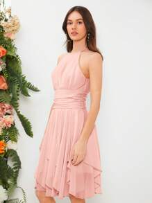 SHEIN Belle 素色1入組褶邊繞頸荷葉邊伴娘連衣裙 - 淺粉色 - 查看 6