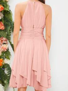 SHEIN Belle 素色1入組褶邊繞頸荷葉邊伴娘連衣裙 - 淺粉色 - 查看 7