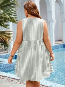 SHEIN LUNE 大碼條紋印花前紐扣娃娃裙 - 綠色 - 查看 2