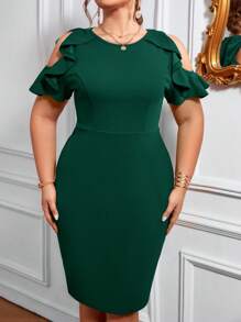 SHEIN Clasi 大碼挖肩荷葉邊連衣裙 - 墨綠色 - 查看 6