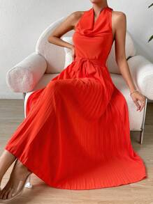 SHEIN LUNE Mặt trước xếp ly dọc Viền xếp Thắt lưng Váy dây - Màu Cam cháy - Xem 5