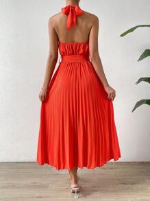 SHEIN LUNE Mặt trước xếp ly dọc Viền xếp Thắt lưng Váy dây - Màu Cam cháy - Xem 2