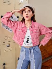 青少年女孩翻蓋細節牛仔夾克 - 粉色 - 查看 1