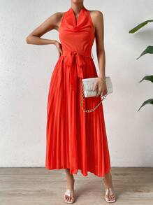 SHEIN LUNE Mặt trước xếp ly dọc Viền xếp Thắt lưng Váy dây - Màu Cam cháy - Xem 4