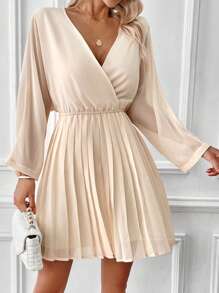 SHEIN VCAY Surplice Neck Pleated Hem Dress - Apricot - View 1