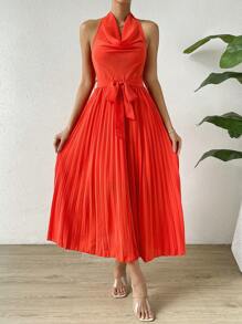 SHEIN LUNE Mặt trước xếp ly dọc Viền xếp Thắt lưng Váy dây - Màu Cam cháy - Xem 6