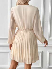 SHEIN VCAY Surplice Neck Pleated Hem Dress - Apricot - View 2