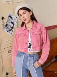 青少年女孩翻蓋細節牛仔夾克 - 粉色 - 查看 5