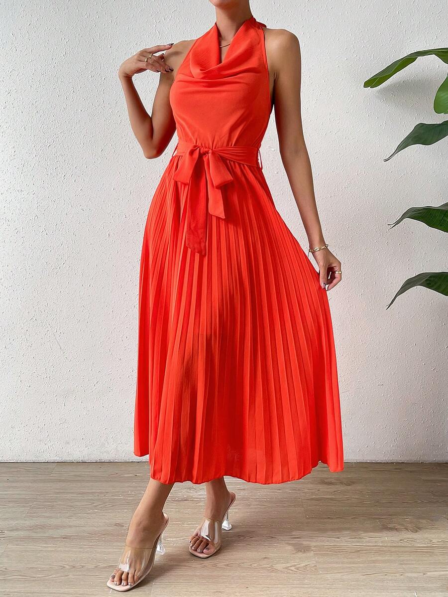 SHEIN LUNE Mặt trước xếp ly dọc Viền xếp Thắt lưng Váy dây - Màu Cam cháy - Xem 1