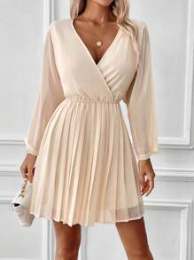 SHEIN VCAY Surplice Neck Pleated Hem Dress - Apricot - View 4