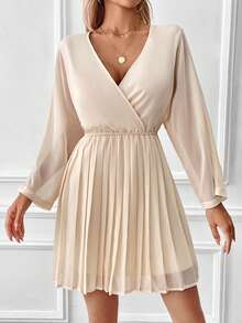 SHEIN VCAY Surplice Neck Pleated Hem Dress - Apricot - View 5