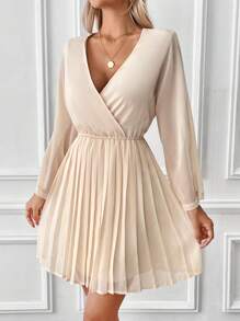 SHEIN VCAY Surplice Neck Pleated Hem Dress - Apricot - View 6
