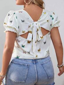SHEIN VCAY 大码波西米亚风蝴蝶印花系带泡泡袖衬衫，适合夏季 - 彩色 - 查看 1