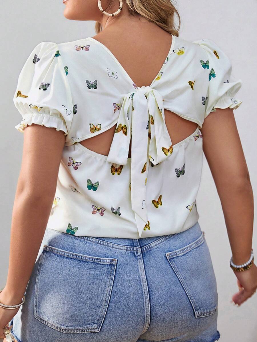SHEIN VCAY 大码波西米亚风蝴蝶印花系带泡泡袖衬衫，适合夏季 - 彩色 - 查看 1