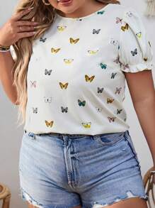 SHEIN VCAY 大码波西米亚风蝴蝶印花系带泡泡袖衬衫，适合夏季 - 彩色 - 查看 2