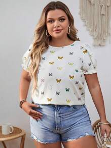 SHEIN VCAY 大码波西米亚风蝴蝶印花系带泡泡袖衬衫，适合夏季 - 彩色 - 查看 3