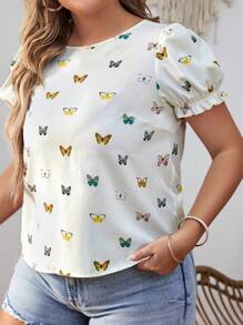 SHEIN VCAY 大码波西米亚风蝴蝶印花系带泡泡袖衬衫，适合夏季 - 彩色 - 查看 4