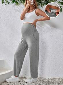 SHEIN 孕婦寬腰帶可調節腰圍斜口袋長褲 - 淺灰色 - 查看 1