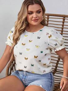 SHEIN VCAY 大码波西米亚风蝴蝶印花系带泡泡袖衬衫，适合夏季 - 彩色 - 查看 5