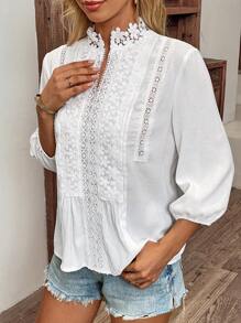 SHEIN LUNE 水溶蕾絲拼接燈籠袖襯衫 - 白色 - 查看 3