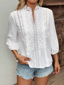 SHEIN LUNE 水溶蕾絲拼接燈籠袖襯衫 - 白色 - 查看 4