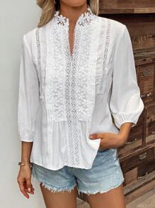 SHEIN LUNE 水溶蕾絲拼接燈籠袖襯衫 - 白色 - 查看 5