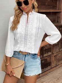 SHEIN LUNE 水溶蕾絲拼接燈籠袖襯衫 - 白色 - 查看 6