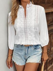 SHEIN LUNE 水溶蕾絲拼接燈籠袖襯衫 - 白色 - 查看 7