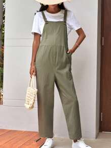 SHEIN 孕婦素色可調節腰圍背帶連身褲不帶T恤 - 軍綠色 - 查看 4