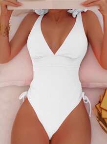 Tie Shoulder One Piece Swimsuit - White - View 1