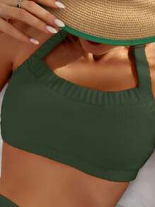 Plain Halter High Waisted Bikini Set For Summer Beach - Dark Green - View 3