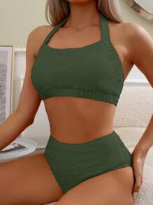 Plain Halter High Waisted Bikini Set For Summer Beach - Dark Green - View 4