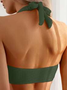 Plain Halter High Waisted Bikini Set For Summer Beach - Dark Green - View 5