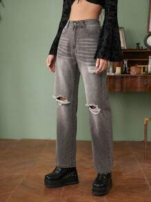 ROMWE Fairycore Ripped Straight Leg Jeans - Grey - View 4