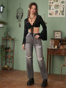 ROMWE Fairycore Ripped Straight Leg Jeans - Grey - View 3