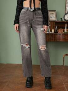 ROMWE Fairycore Ripped Straight Leg Jeans - Grey - View 1