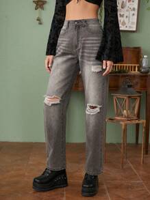 ROMWE Fairycore Ripped Straight Leg Jeans - Grey - View 5
