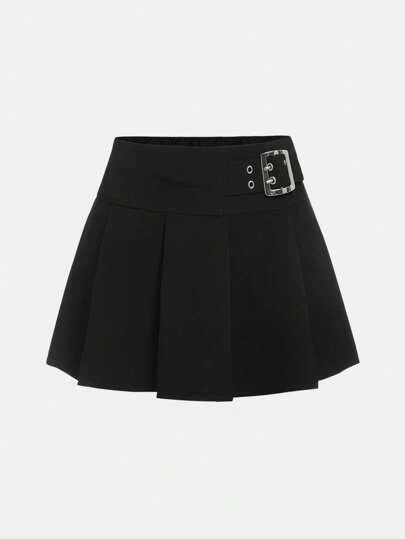 SHEIN Teen Girl's Belt Decorated Pleated Solid Color Skirt With Built-In Anti-Light Shorts