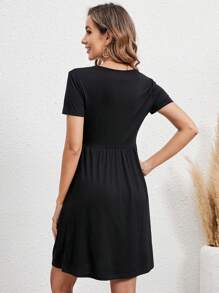 EMERY ROSE Women's Solid Color Crew Neck Short Sleeve Casual Dress, Summer - Black - View 2