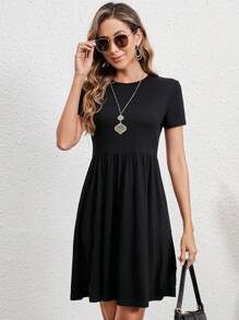 EMERY ROSE Women's Solid Color Crew Neck Short Sleeve Casual Dress, Summer - Black - View 3