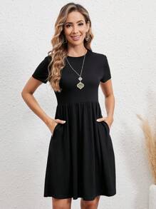 EMERY ROSE Women's Solid Color Crew Neck Short Sleeve Casual Dress, Summer - Black - View 4