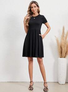 EMERY ROSE Women's Solid Color Crew Neck Short Sleeve Casual Dress, Summer - Black - View 5
