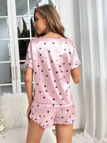 SHEIN 愛心圖案緞面睡衣套裝 - 粉色 - 查看 2