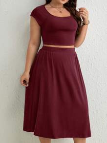 SHEIN Frenchy 大碼素色短款T恤和半身裙 - 酒紅色 - 查看 7