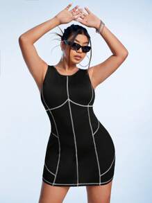 SHEIN ICON 大碼拼接頂針緊身洋裝 - 黑色 - 查看 1