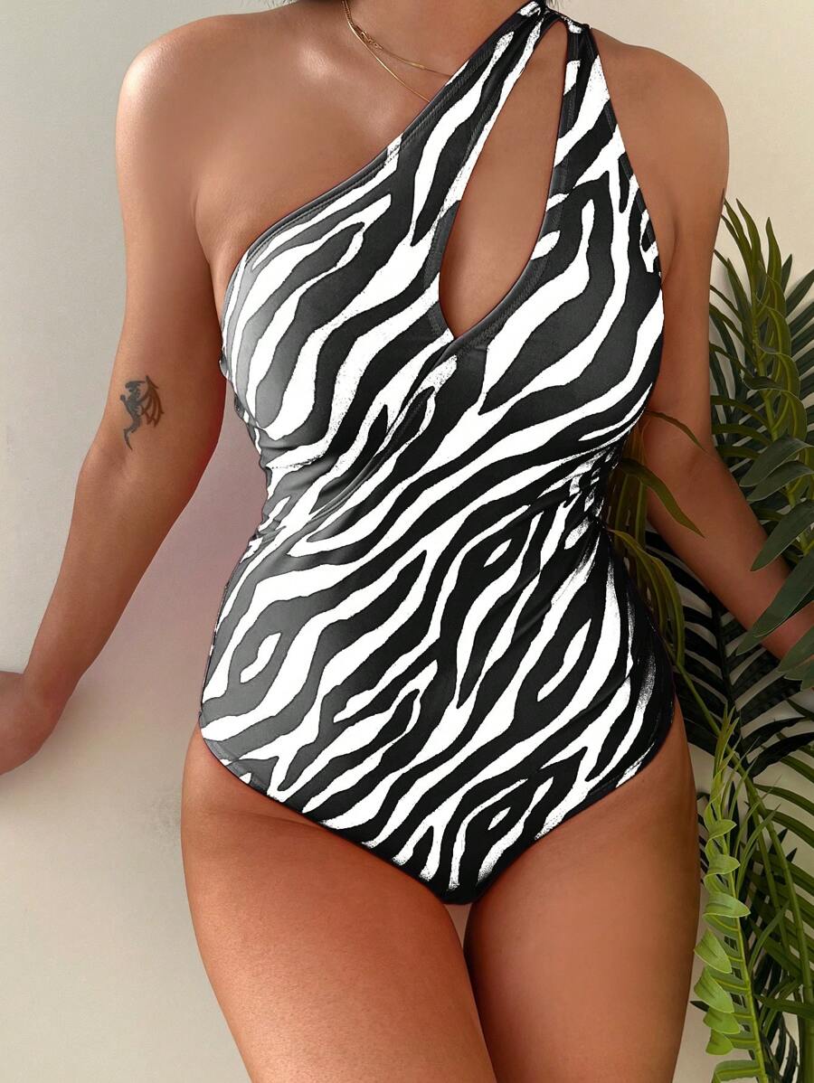 Zebra Stripe One Shoulder One Piece Swimsuit - Black and White - View 1