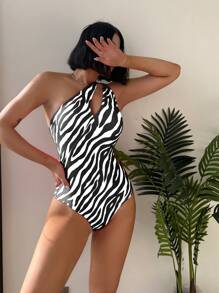 Zebra Stripe One Shoulder One Piece Swimsuit - Black and White - View 3