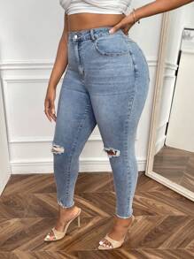 SHEIN SXY Plus Solid Ripped Raw Cut Skinny Jeans - Light Wash - View 5