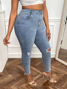 SHEIN SXY Plus Solid Ripped Raw Cut Skinny Jeans - Light Wash - View 3