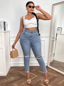 SHEIN SXY Plus Solid Ripped Raw Cut Skinny Jeans - Light Wash - View 4